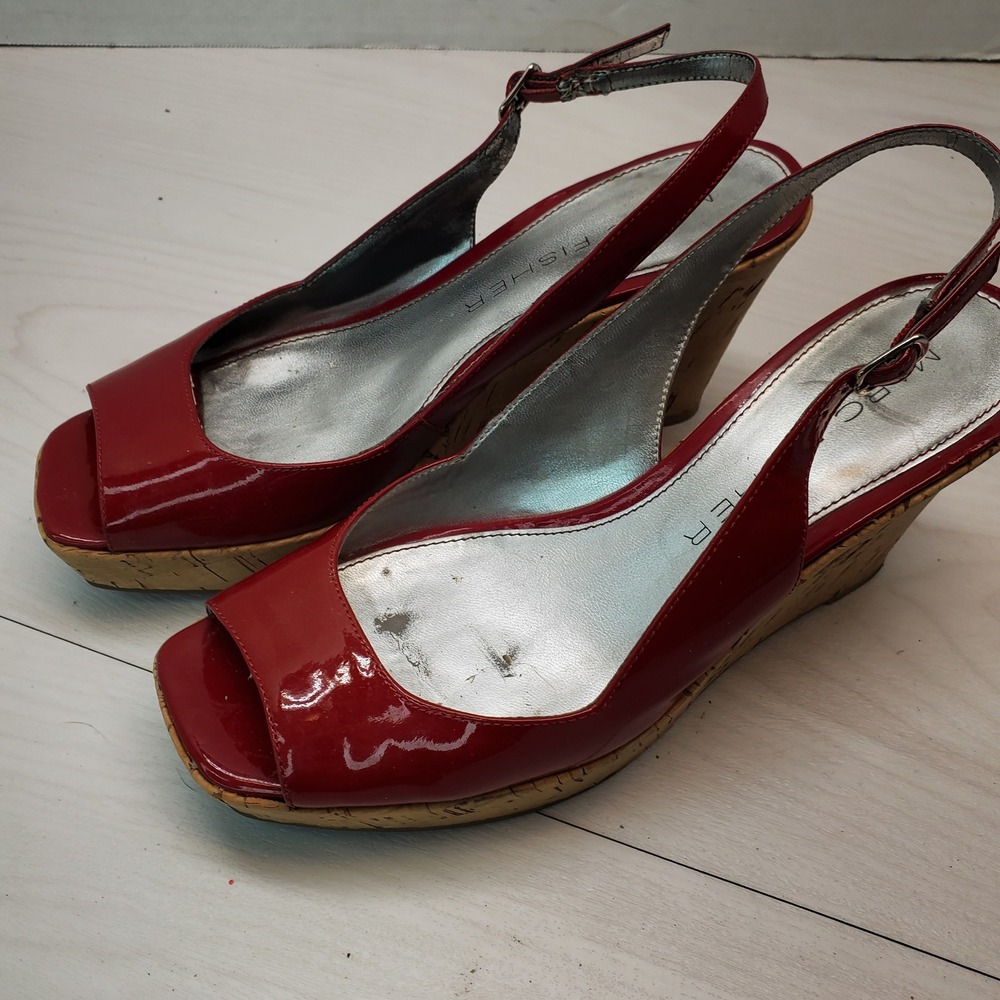 Marc Fisher Red Patent Cork Wedge Sandals